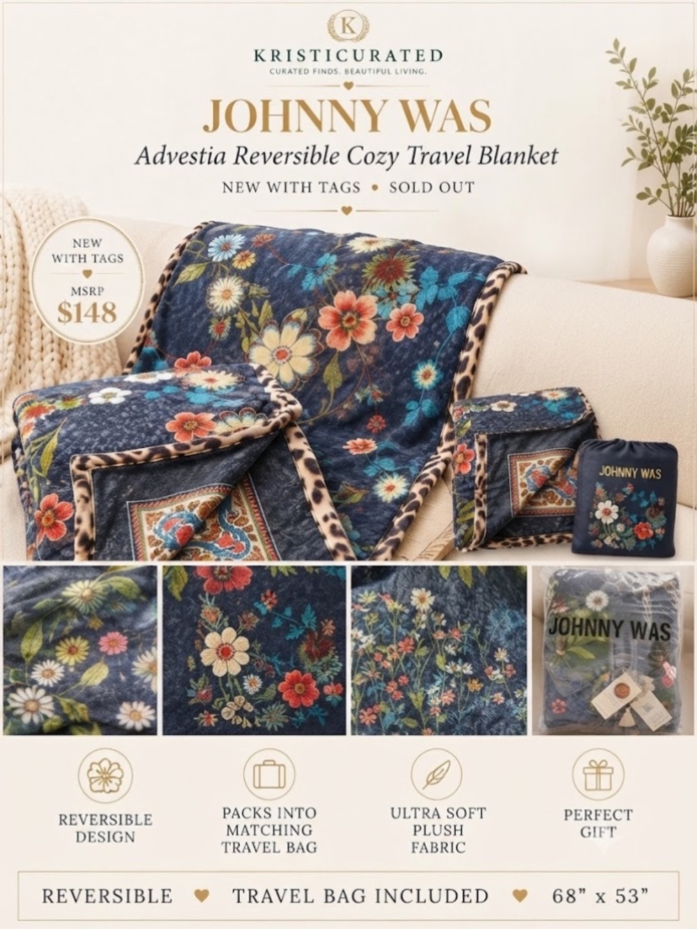 🌸 JOHNNY WAS Advestia Reversible Cozy Travel Blanket NWT